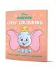 Cosy Colouring: Животинки е детска рисувателна книга с Дъмбо, сивото слонче с розови уши и жълта шапка, което се усмихва на прасковен фон с отпечатъци от лапи. Текстът е на български и английски език.-1-thumb