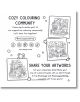 Черно-бялата страница ви кани да се присъедините към общността на Cozy Corner Colouring Book и да споделите своето изкуство. Представлява ръчно нарисувани страници на бюро, пекарна и щанд за сок с очарователни животни. Включва икони на социалните мрежи.-6-thumb