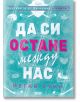 Тюркоазена корица с бял и розов кириличен текст, илюстрации на кънки, стикове, шайба и сърца. Да си остане между нас - любовен роман за хокеисти от поредицата Бунтарите от Ванкувър.-2-thumb