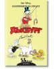 Корицата на "Дъкбург: Съкровището на Писародж" показва Чичо Скрудж с магнит върху дебел червен български текст, а Дейзи Дък, лама и пуйка се разхождат из класическия Карл Баркс в стил Дъкбург.-2-thumb