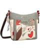 Ярка дамска чанта Anekke Alma Ole (31/24 x 28 x 12 см) с абстрактни щампи, ръчно написани думи и сърца. Разполага със сива горна част, многоцветна долна част, черна каишка с червени кантове и декоративни талисмани - идеална за феновете на Anekke.-1-thumb