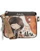 Стилна дамска чанта Anekke Alma за през рамо (26 x 19 x 7 см) с дизайн на рисувано момиче, абстрактни оранжево-кафяви мотиви, надпис "Dance with your alma" и декоративна дръжка с ключодържатели.-2-thumb