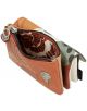 Кафяв Дамско портмоне Anekke Alma 14 х 8 х 3 см с метален талисман, флорална външна част и декоративна подплата с оранжеви, зелени и черни абстрактни мотиви. Портфейлът е частично отворен, за да се разкрият отделенията му.-5-thumb