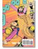 На задната корица на Dandadan, Vol. 16, трима анимирани герои с жълти шлемове крещят, докато се плъзгат през ярък тунел, заобиколени от комикс линии, които напомнят за дивия хаос на паранормалните битки, заедно с видим текст и баркод.-2-thumb