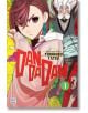 Корицата на Dandadan, Vol. 1 с късо подстригано момиче със сериозен поглед и страховита усмихната фигура зад него, което подсказва за свръхестествено приключение в гимназията. Ярките цветове и дръзкият текст на заглавието правят корицата открояваща се.-2-thumb