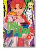 На корицата на Dandadan, Vol. 11 са изобразени червенокосо момче в цветно яке и русо момиче във футуристичен бял костюм, позиращи на ярък фон, вдъхновен от графити, с тема на извънземни клонинги.-2-thumb