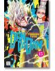 Корицата на Dandadan, Vol. 13 включва двама герои: един с бяла коса и очила в динамична поза, изпълнена със светкавици, и друг със сива коса на кок, червени очила и спокойно изражение - на фона на ярки пръски и извънземни нотки.-2-thumb
