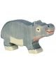 Дървена фигурка Holztiger - Хипопотам, ръчно рисуван в сиво с бял корем, сини детайли по краката, розови акценти около устата и усмихнато лице.-thumb