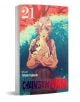 Корица на Chainsaw Man, том 21: Денджи се появява изненадан, държейки букет цветя на фона на цветен, стилизиран фон с дървета и небе.-1-thumb