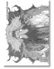 Илюстрация в сиви тонове, вдъхновена от Death note Black edition, Vol. 6: чудовищно шинигами със светещи очи, остри зъби, дива коса и разкъсано наметало сред въртящи се сенки и призрачни лица, напомнящи за зловещия свят на поредицата.-5-thumb