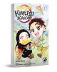 Корица на "Убиец на демони": На фона на училище с разпръснати ученически пособия са изобразени чиби Танджиро с книга и Незуко, която яде хляб.-1-thumb