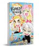 Корицата на Demon Slayer: 5 показва трима оживени аниме герои в училищни униформи, които държат храна и прибори на ярък фон със сградата на училището Kimetsu no Yaiba под тях.-1-thumb