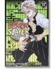Корицата на Demon Slayer Kimetsu no Yaiba, Vol. 17 показва решителен мъж с бяла коса с частично отворена униформа, който държи меч, на фона на смели зелени и черни шарки, напомнящи за арката Infinity Castle.-2-thumb