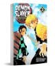 Корицата на "Demon Slayer Kimetsu no Yaiba, Vol. 3" показва Танджиро Камадо в зелено карирано наметало и друг герой в жълто хаори, държащи мечове на фона на синьо небе, със заглавие и автор.-1-thumb