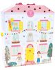 Цветната Детска игра Floss & Rock с дървени фигурки Best Friends къщичка за играчки има розов покрив, жълта врата, забавни илюстрирани прозорци с деца и животни, игриви сцени отпред. Подходяща за възраст 2+; идеална за дървени играчки.-1-thumb