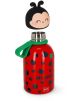 Детска термобутилка Legami - Ladybug е симпатична бутилка от неръждаема стомана в червен цвят с черни точки, капачка с лице на божа кравичка, зелен дизайн на четирилистна детелина, зелена каишка и надпис "GET LUCKY" отпред.-3-thumb