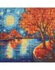 Диамантен гоблен Ideyka - Есенна нощ изобразява речен бряг с оранжеви есенни дървета под синьо-жълто нощно небе, чиито отражения във водата създават живописна и цветна сцена.-1-thumb