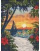 Диамантен гоблен Ideyka - Красота на тропиците: 5D комплект с тропически плаж при залез, ветроходна лодка, оранжево-розово небе и палми с червени хибискуси край пясъчна пътека на преден план.-1-thumb