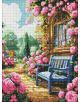 Диамантен гоблен Ideyka - Цветна градина: пъстър модел със синя пейка, розови рози и къща-идеален за фенове на диамантени мозайки и впечатляващ 5D ефект в картини с диамантени камъчета.-thumb