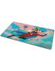 Подложка за игри с карти Disney Lorcana TCG: Wilds Unknown - Goofy показва Гуфи като супергерой, летящ в небето със синя птица и златни монети. Идеална Ravensburger подложка за следващата ви игра!.-1-thumb
