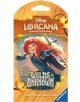 Бустерът на Disney Lorcana TCG: Wilds Unknown с ръкави изобразява Мерида, насочила лъка си, върху оранжево-златиста опаковка с надпис "Wilds Unknown" и "12 допълнителни карти за игра".-1-thumb