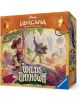 Кутията на Disney Lorcana TCG: Wilds Unknown - Illumineer's Trove е с цветни илюстрации на герои в магическа джунгла, с оранжев дизайн, декоративни рамки и дръзка марка Disney Lorcana.-thumb