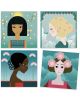 Четири илюстровани портрета на жени с уникални прически, заобиколени от стилизирани природни елементи в меки пастелни цветове - творчески Djeco Комплект оцветяване с печати - Модели Декорации за декориране на снимки.-5-thumb