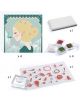 Комплект оцветяване с печати Djeco - Patterns Decorations включва 4 илюстрирани карти с жена и птица, тефтерче, 4 цветни мастила (бяло, червено, зелено, кафяво), акрилен блок за печати и лист с гумени печати за декорация.-4-thumb
