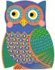 Цветна, стилизирана сова с големи жълти и сини очи, синьо тяло, зелени и оранжеви крила, създадена с помощта на Комплект за оцветяване с вода Djeco - Animalo-Ma. Разполага с декоративни оранжеви, жълти и зелени шарки.-4-thumb