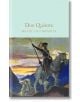 Корицата на книгата "Дон Кихот" (Macmillan Collector's Library) представя рицар в броня на кон със своя спътник на фона на цветно небе по залез.-thumb