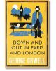 Корица на книгата "Down and Out in Paris and London" с мъж с бастун до пейка, на която лежи някой, силуети на градски сгради и часовникова кула, които напомнят за историческата обстановка в романа.-thumb