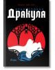 Корица на книгата за Дракула - твърди корици с порезки: бледа жена в легнало положение на червен фон с черни шарки и силует на прилеп, отразяващ вампирски фолклор. Заглавие и автор на кирилица.-2-thumb