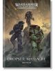 Корицата на Dropsite Massacre (Warhammer 40 000) от John French от Black Library, на която са изобразени трима бронирани космически пехотинци на димящото бойно поле на Isstvan V, а на заден план сред хаоса има отломки и кораби.-thumb