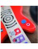 Близък план на Дървена играчка Hape Baby Einstein - Сензорна магическа китара, червена, с цветни илюстрации, бели струни и сини и червени бутони - забавна музикална играчка за малките.-4-thumb