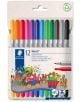 Опаковка от 12 броя Staedtler Noris 320 двувърхи флумастри в различни цветове, показани с капачките нагоре. На опаковката са изобразени анимационни чудовища на влак и червена химикалка, която рисува вълнообразна линия, налична в книжарница Orange.-1-thumb