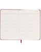 Отворен Джобен червен ежедневник тефтер-органайзер Moleskine Scarlet Red 2026 г. с твърди корици показва юли и август в двустранично мрежово оформление, червена корица и книжка, с място за бележки в долната част на всяка страница.-4-thumb