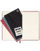 Отвореният Moleskine разкрива листове със стикери - черни с бели букви, червени с икони и бели етикети за 2026/2029 г. - идеални за персонализиране на вашия Джобен червен седмичен тефтер-органайзер Moleskine Scarlet Red 2026 г. С твърди корици.-6-thumb