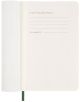 Отворен джобен зелен ежедневник тефтер-органайзер Moleskine Myrtle Green 2026 с меки корици показва страница с "В случай на загуба, моля, върнете на:" и "Като награда: $" и има зелен разделител - стилен избор за плановете ви през 2026 г.-3-thumb