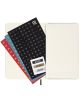 Джобен зелен ежедневник тефтер-органайзер Moleskine Myrtle Green 2026 с меки корици е отворен с четири листа стикери с букви, символи и икони в черно, златно и бяло върху него и зелена текстилна лента.-6-thumb