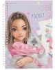 Джобна книжка за оцветяване Top Model е с подвързия на спирала, на корицата има момиче с пухкава сива котка и позираща блондинка, включва стикери и надпис "Create your TOPModel POCKET" (Създай своя TOPModel POCKET) на пастелно лилав фон.-1-thumb