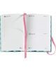 Отвореният Джобен тефтер - органайзер Miquelrius Grafica Color Block 2026 показва седмицата през юли, подредени страници за бележки, книжка с розова панделка и дати на английски и испански език - идеален елегантен джобен органайзер.-2-thumb