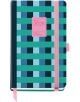 Джобен тефтер-органайзер Miquelrius Grafica Color Block 2026, ден на страница, синьо-зелена шарка, розов етикет и ластици за затваряне/химикал. Размер: 90x140 мм; хартия: 80 г/м².-1-thumb