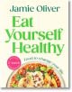 Корицата на книгата "Яжте здравословно", на която в долната част е изобразено ястие с пилешко месо, боб и зелени зеленчуци, текстът на заглавието е удебелен в зелено, а розово кръгче подчертава включения двуседмичен хранителен план.-1-thumb