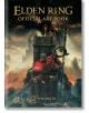 Корица на Elden Ring: Официална художествена книга, том 3, изобразява коронована фигура в червени одежди на трон, засенчена от чудовищен звяр, разположен в драматичен фентъзи пейзаж, вдъхновен от Сянката на Ердтрей.-thumb