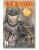 Корицата на Elden Ring: The Road to the Erdtree, Vol. 8 показва бронирана фигура със завързани очи и лък пред кула на платото Алтус, на фона на светещо дърво и въртящи се облаци.-thumb
