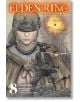 Корицата на Elden Ring: The Road to the Erdtree, Vol. 8 показва бронирана фигура със завързани очи и лък пред кула на платото Алтус, на фона на светещо дърво и въртящи се облаци.-2-thumb