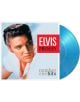Обложката на албума Elvis Presley - Number One Hits (VINYL) показва Елвис Пресли, гледащ настрани, удебелен червено-бял текст ELVIS PRESLEY, №1 хитове Елвис в черно и сиво и полупрозрачен син винил, който се вижда частично.-thumb