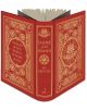 Илюстрованото издание на "Империята на прокълнатите" с червени и златни богато украсени твърди корици се отваря и разкрива детайлна корица с Габриел де Леон, сложни шарки, символи и цитат: "Правилната книга струва сто остриета.-thumb