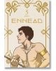 Млад мъж без риза и с къса тъмна коса държи жезъл и изглежда решителен. Корицата на ENNEAD, Vol. 5 (Mature Hardcover) е със златни геометрични мотиви и заглавие в горната част.-thumb