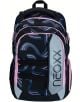 Черна ергономична ученическа раница Neoxx Active Pro Hello Wave със сини и розови мотиви от извити линии, светлосиви акценти, розови ципове и надпис „NEOXX“, отпечатан вертикално върху сивия панел отпред.-1-thumb